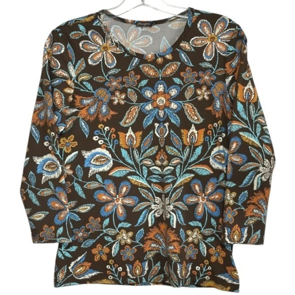 J McLaughlin Blouse Catalina Cloth Brown Blue Floral 3/4 Sleeve Casual Chic S